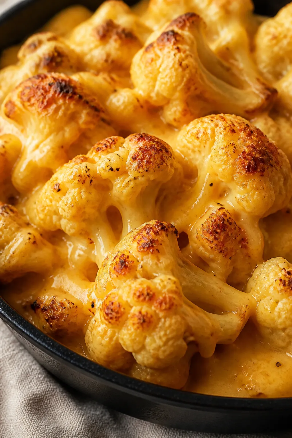 Close-up detail: Roasted cauliflower florets coated in silky cheddar–Gruyère cheese sauce, edges 