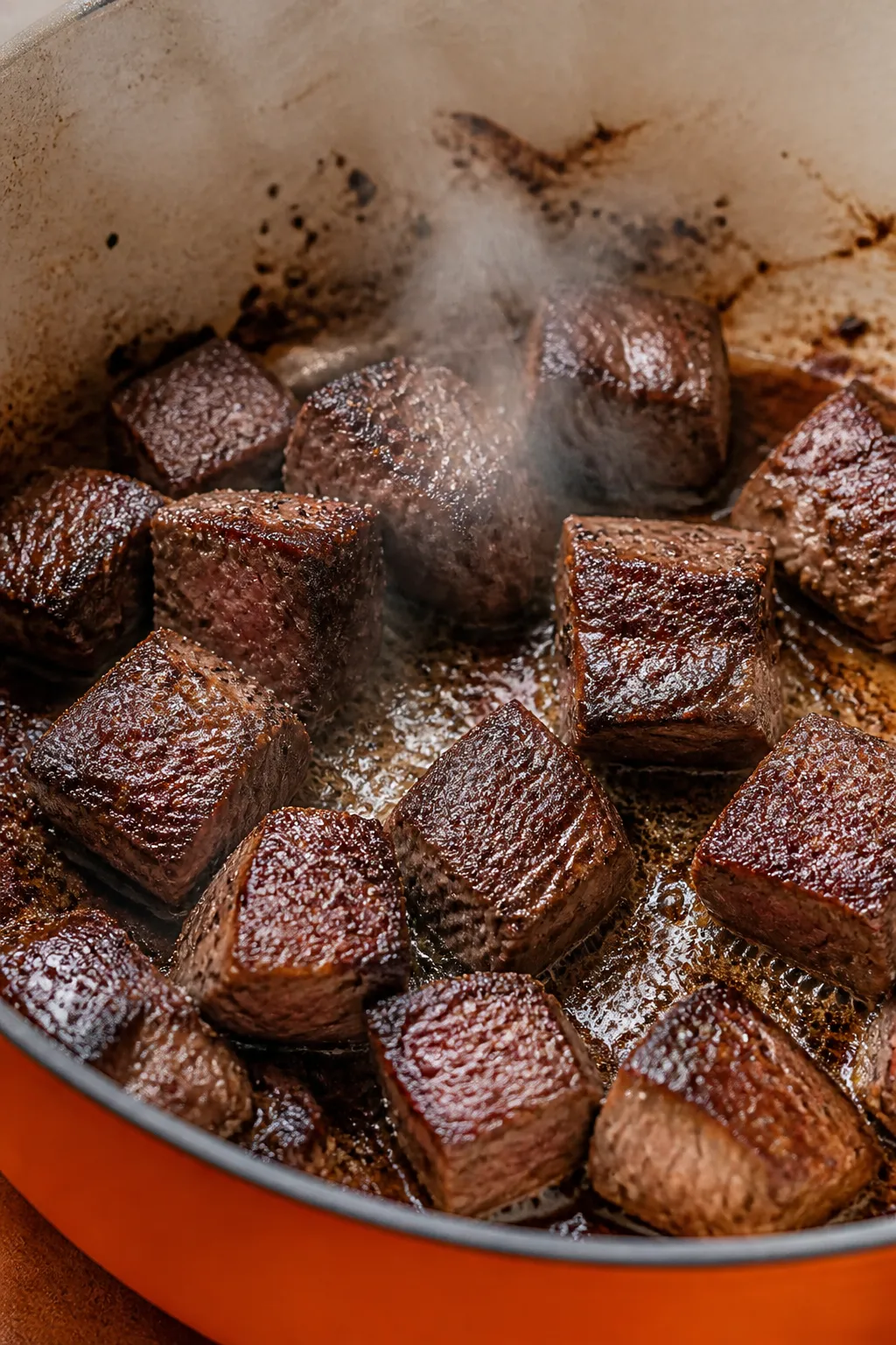 Close-up detail: Searing cubes of beef for keto beef vegetable soup in a Dutch oven, deeply browned 