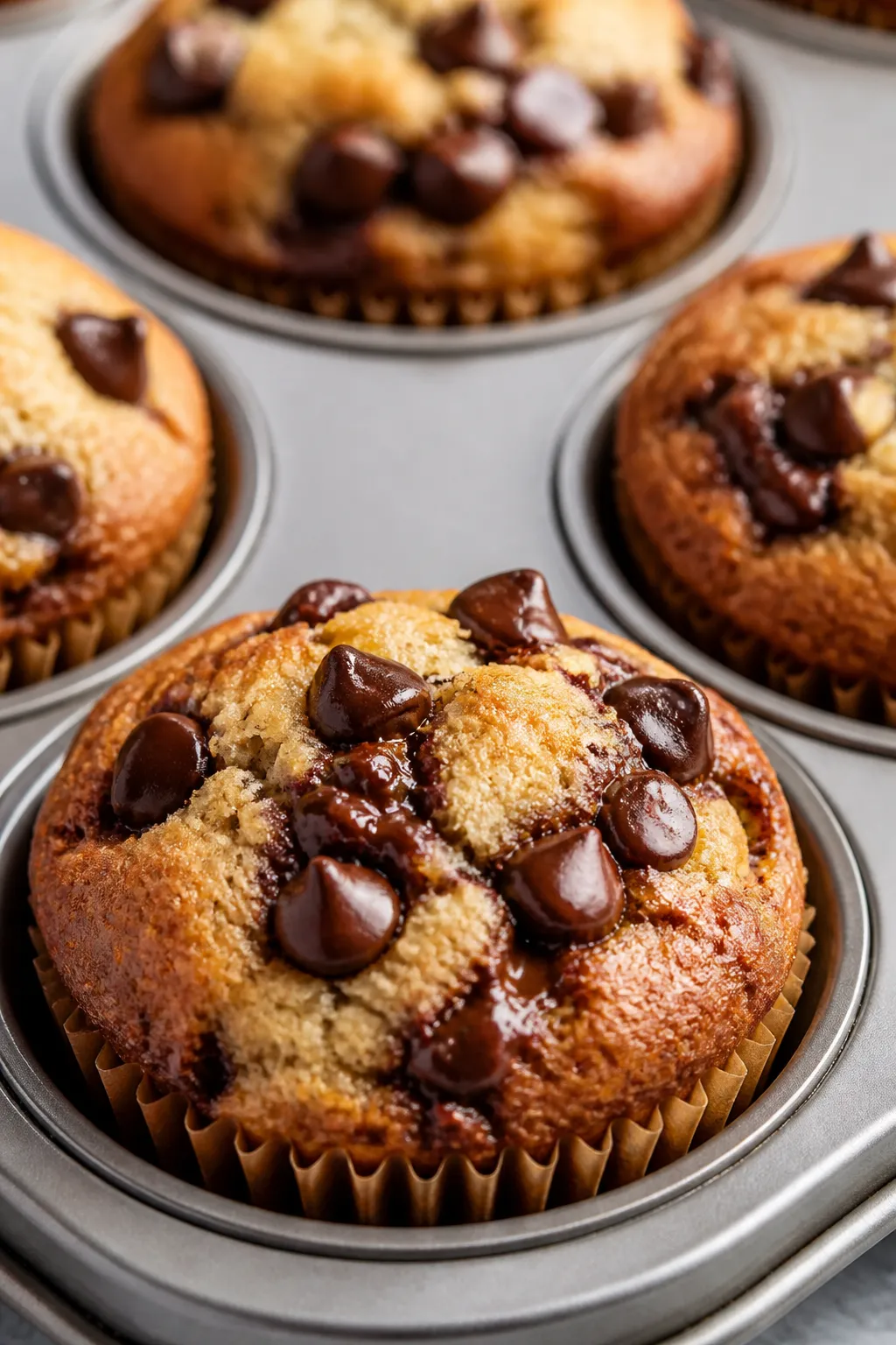Close-up detail shot: Freshly baked keto chocolate chip muffins just out of the oven, tops domed and