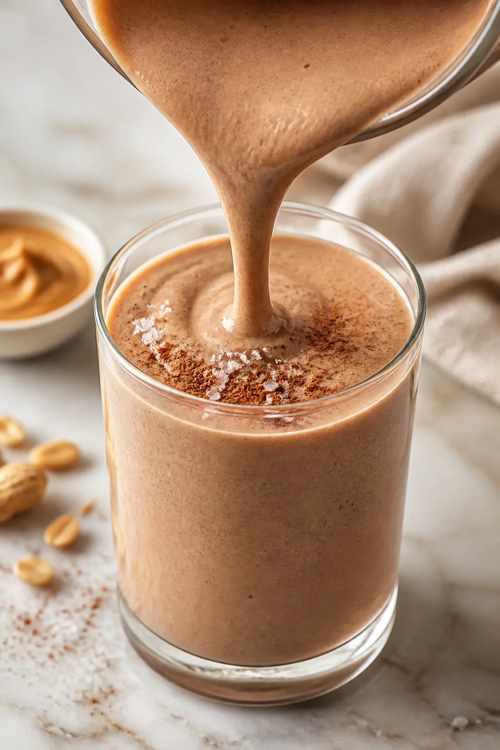Close-up detail shot of a freshly blended keto peanut butter smoothie being poured in a thick ribbon