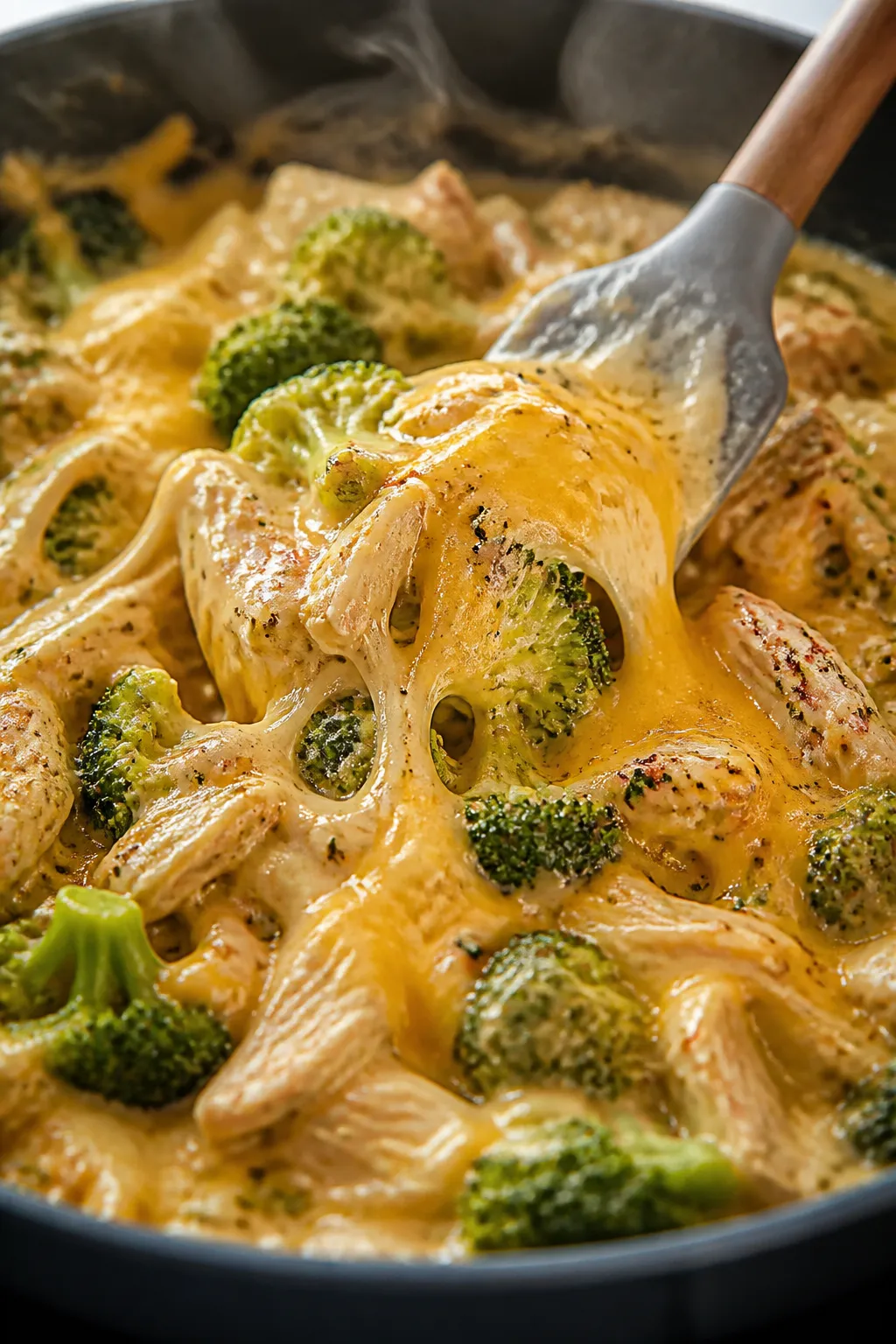 Close-up detail shot of the creamy cheese sauce being folded into tender broccoli florets and juicy