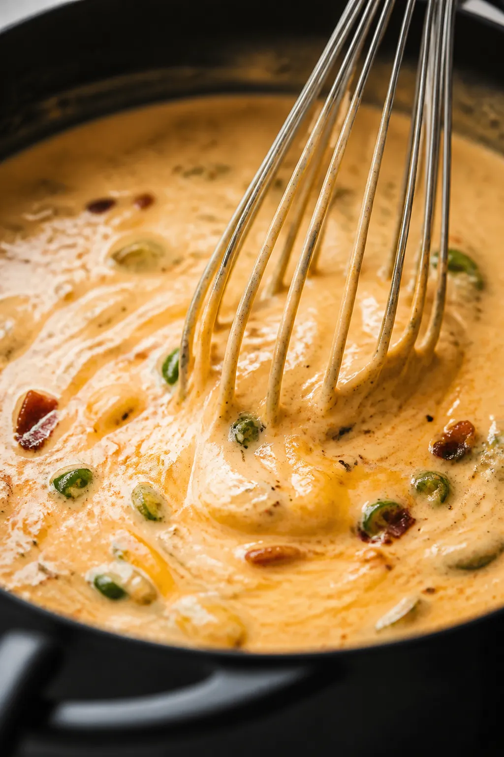 Close-up detail: Silky keto jalapeño popper soup being whisked smooth as softened cream cheese melt