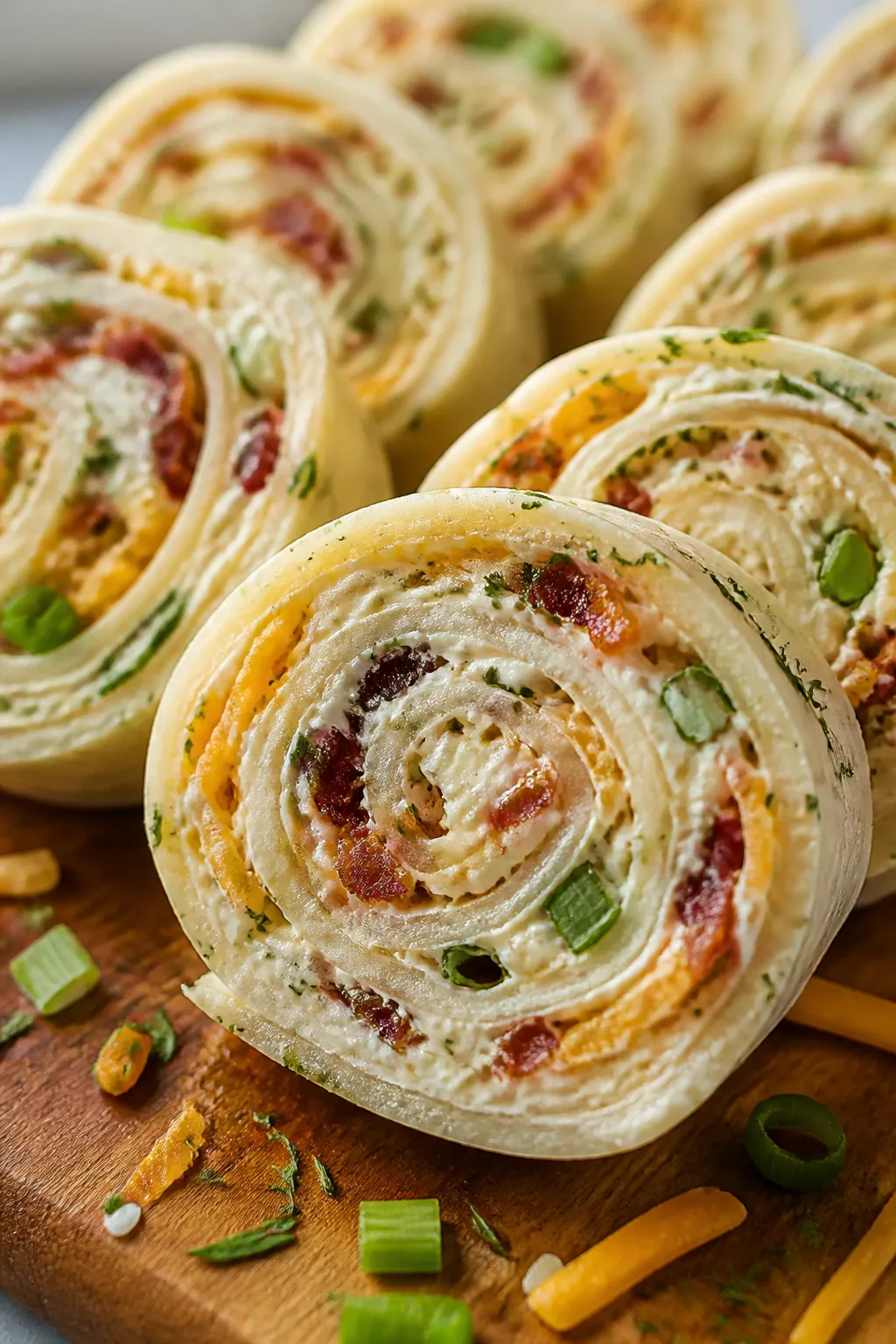 Close-up detail: Sliced Keto Chicken Bacon Ranch Pinwheels on a wooden board, tight macro showing cr