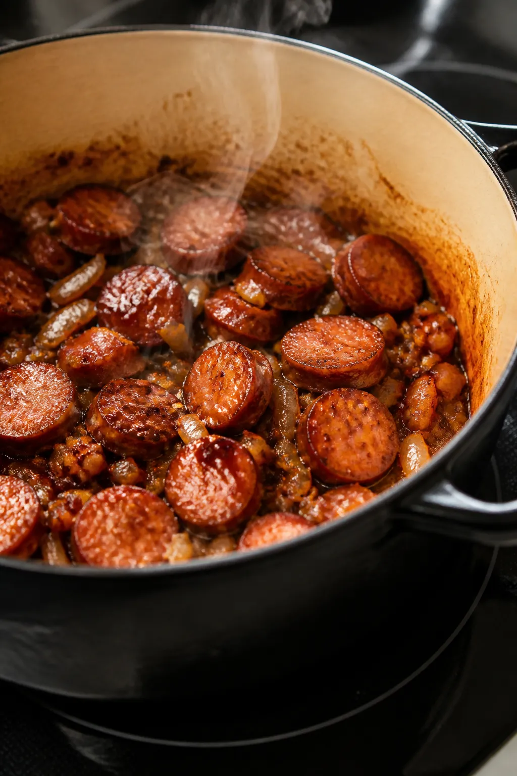 Close-up detail: Slices of browned smoked sausage sizzling in a Dutch oven with glossy onion and gar