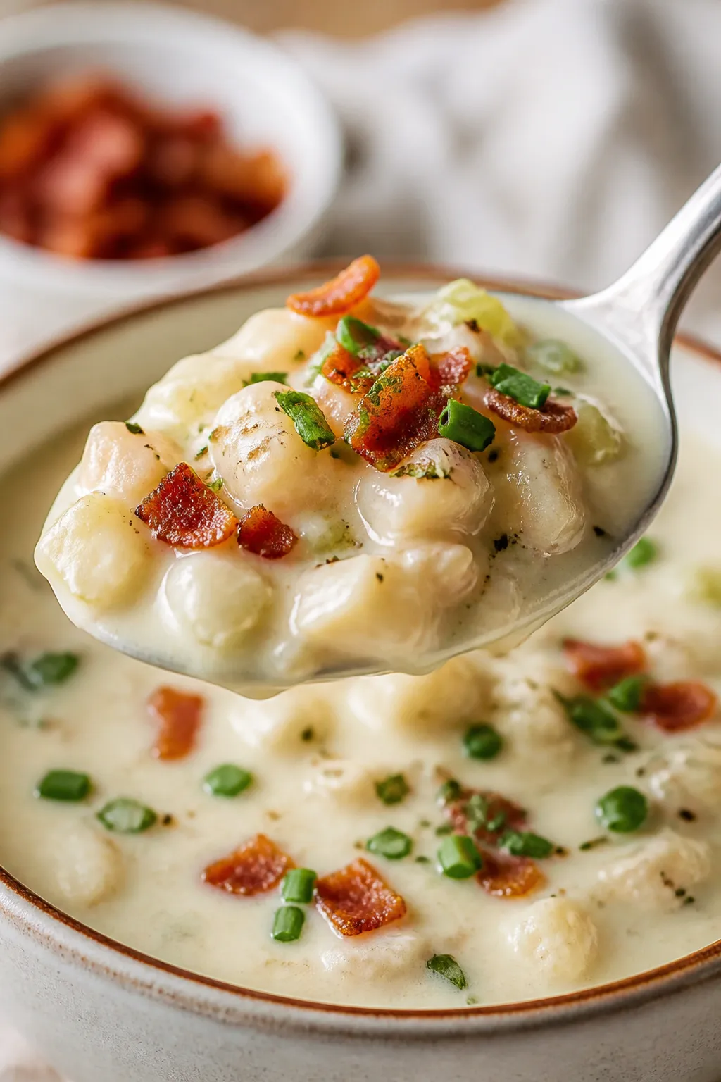 Close-up detail, spoon shot: Ultra-close shot of a glossy spoonful of keto clam chowder hovering abo