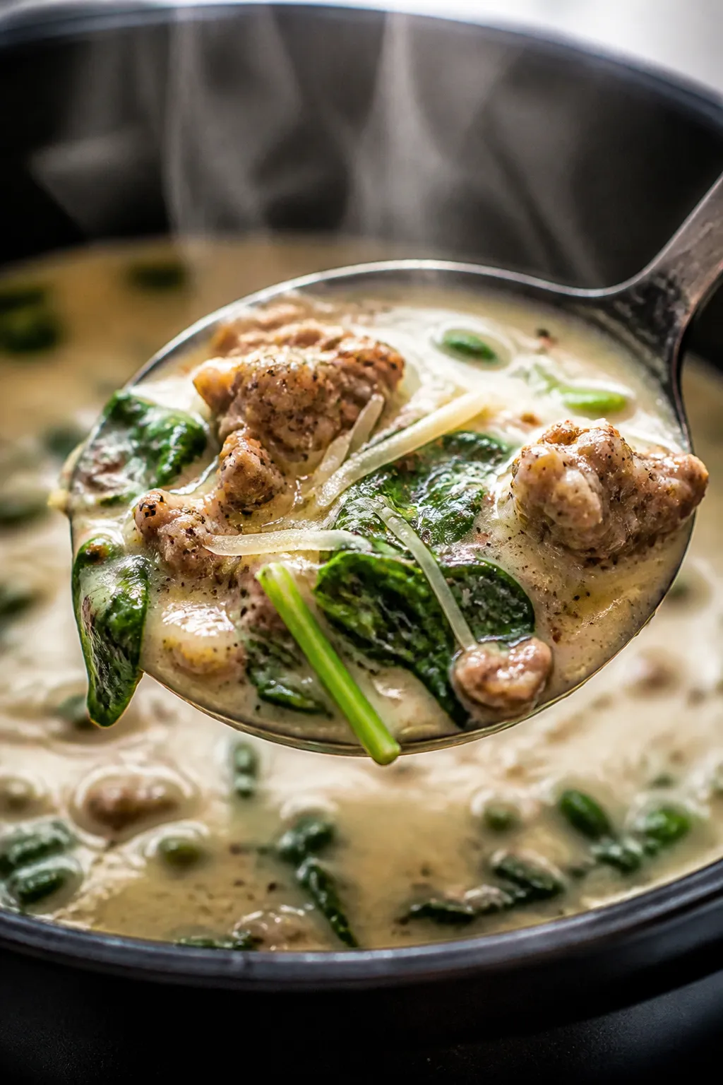 Close-up detail: Spoonful of creamy Keto Italian Sausage and Spinach Soup lifted from the pot, showc