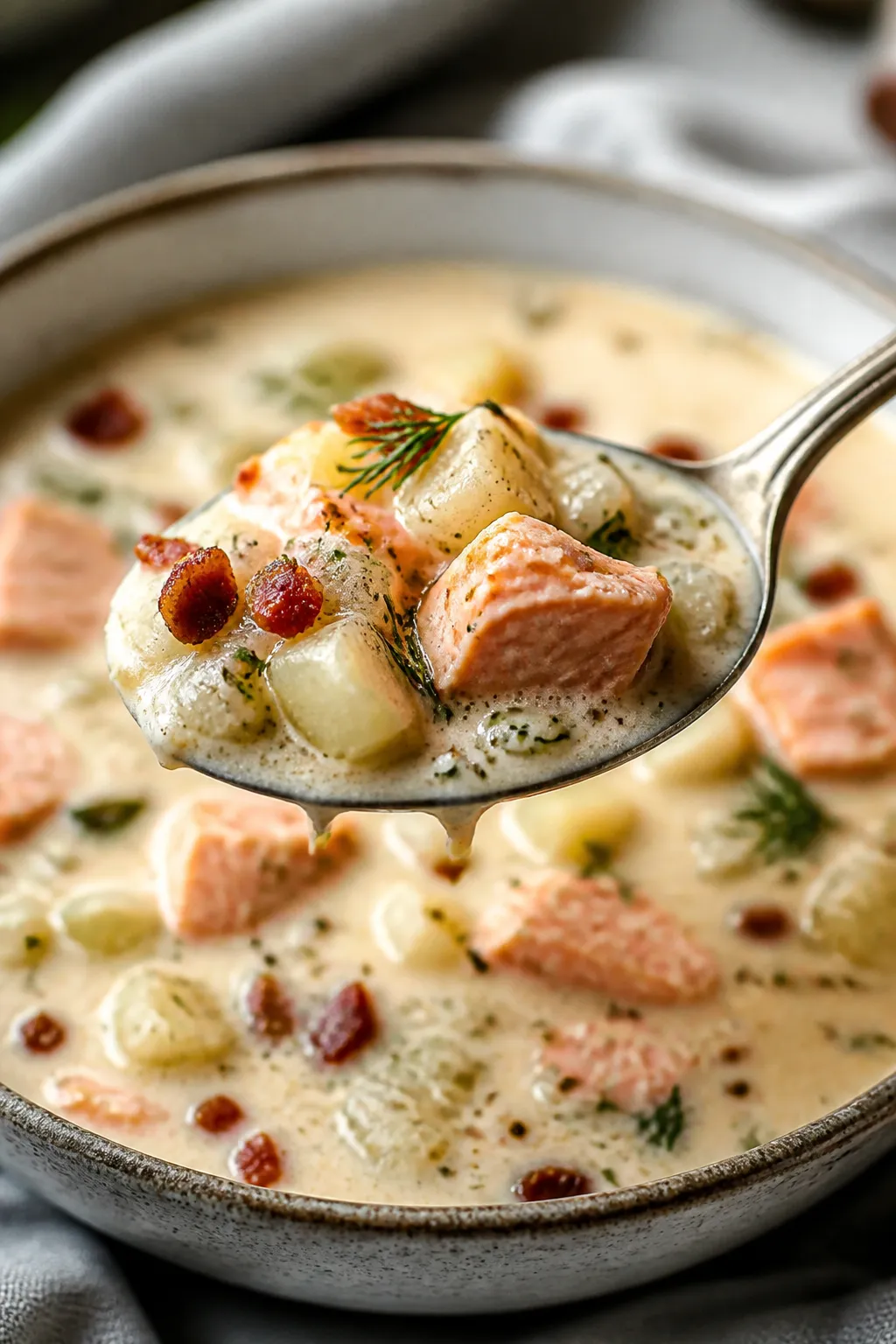 Close-up detail: Spoonful of finished keto creamy salmon chowder lifted just above the bowl, showcas