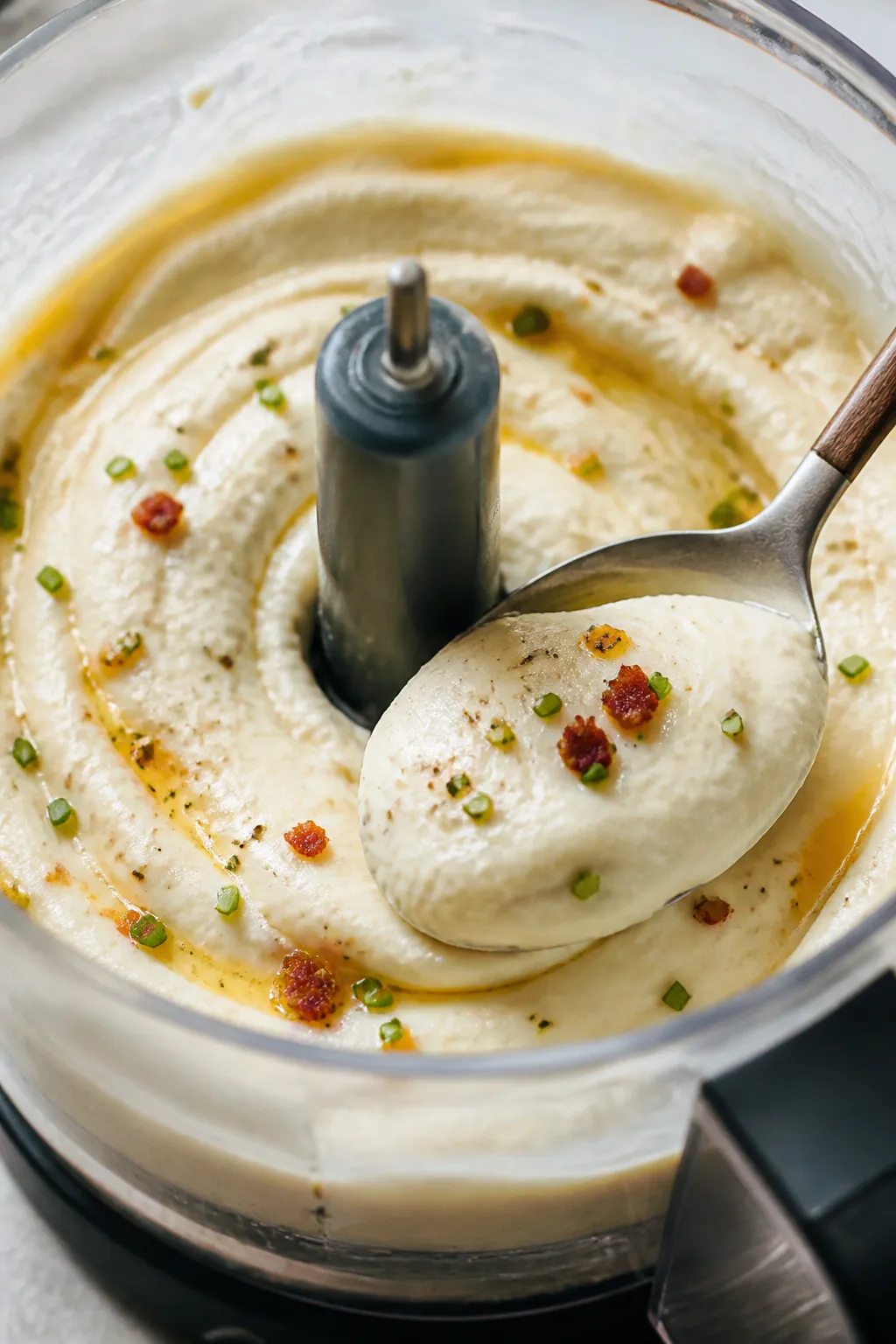 Close-up detail: Ultra-creamy keto loaded cauliflower mash being blended to silky smoothness in a fo