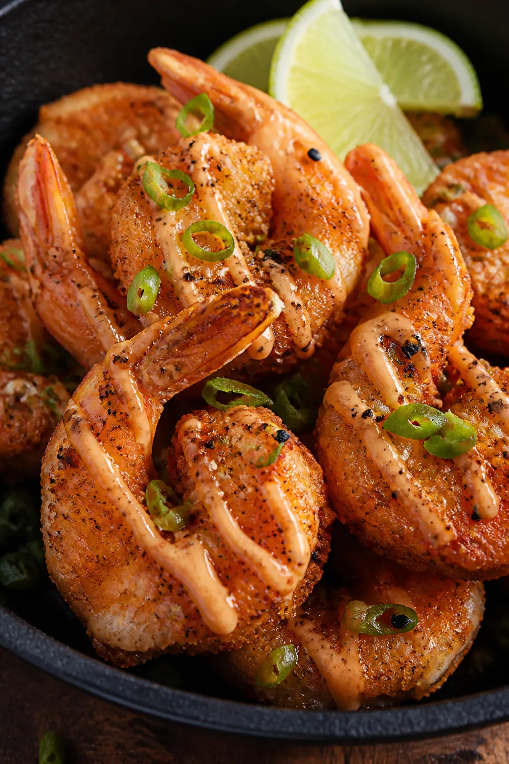 Close-up detail: Ultra-crispy keto Bang Bang Shrimp just out of the pan, golden pork-rind and almond