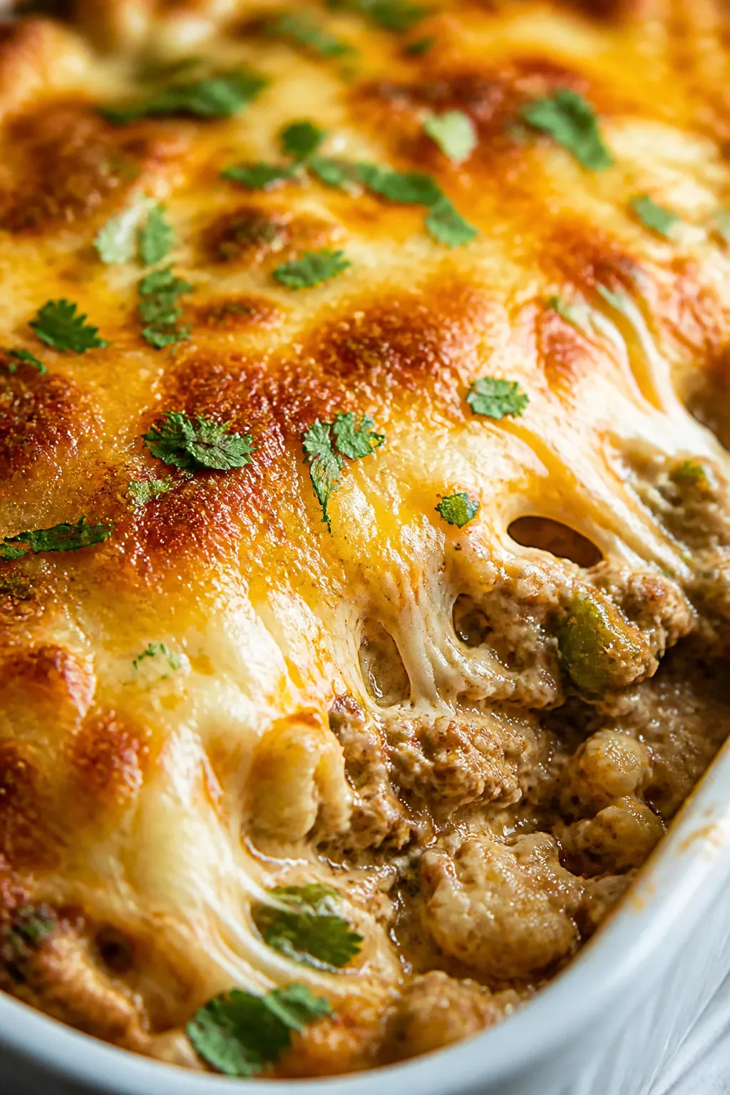 Close-up detail: Ultra-melty cheese crust on the keto Mexican casserole fresh from the oven—golden