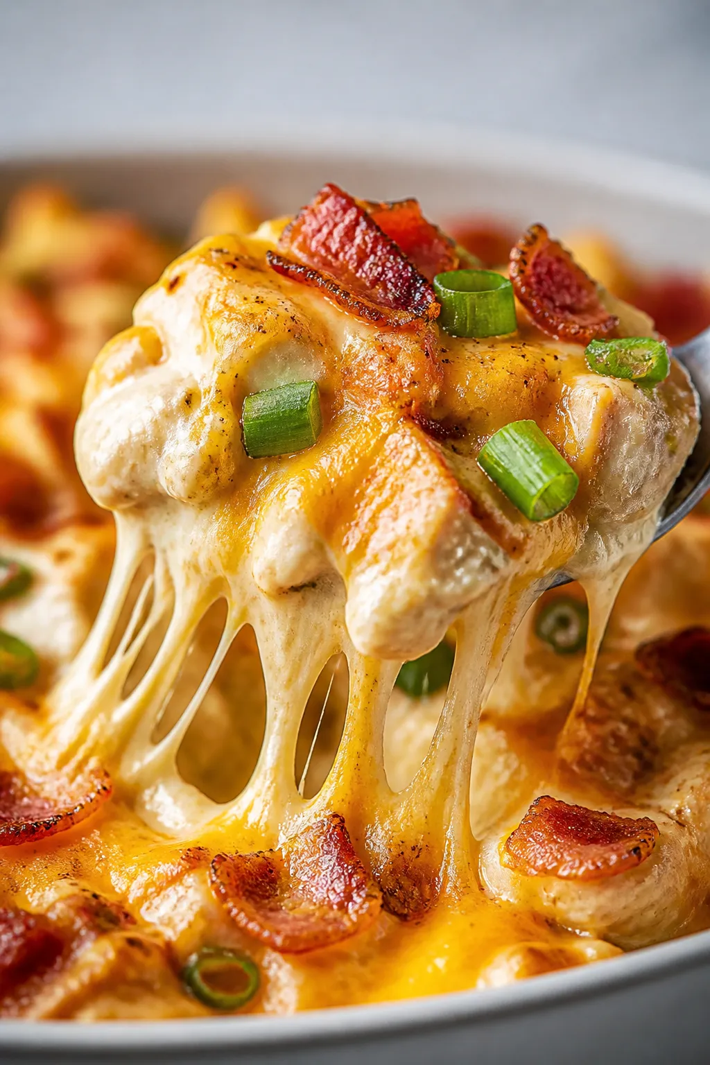 Close-up detail: Ultra-tight macro of a spoonful lifted from the casserole showing strands of melted