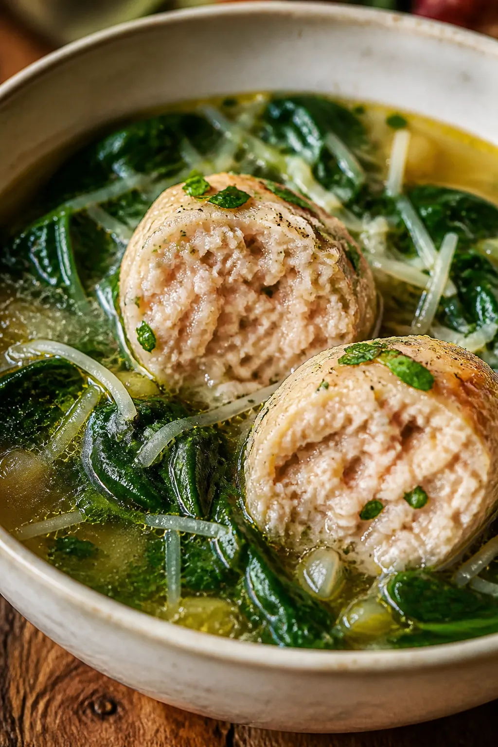 Close-up final presentation: Ultra close-up of a ladled bowl showcasing two turkey meatballs cut-sid