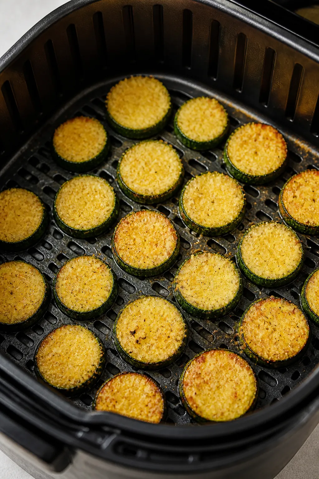 Cooking process: Air fryer basket with a single, evenly spaced layer of Parmesan-coated zucchini rou