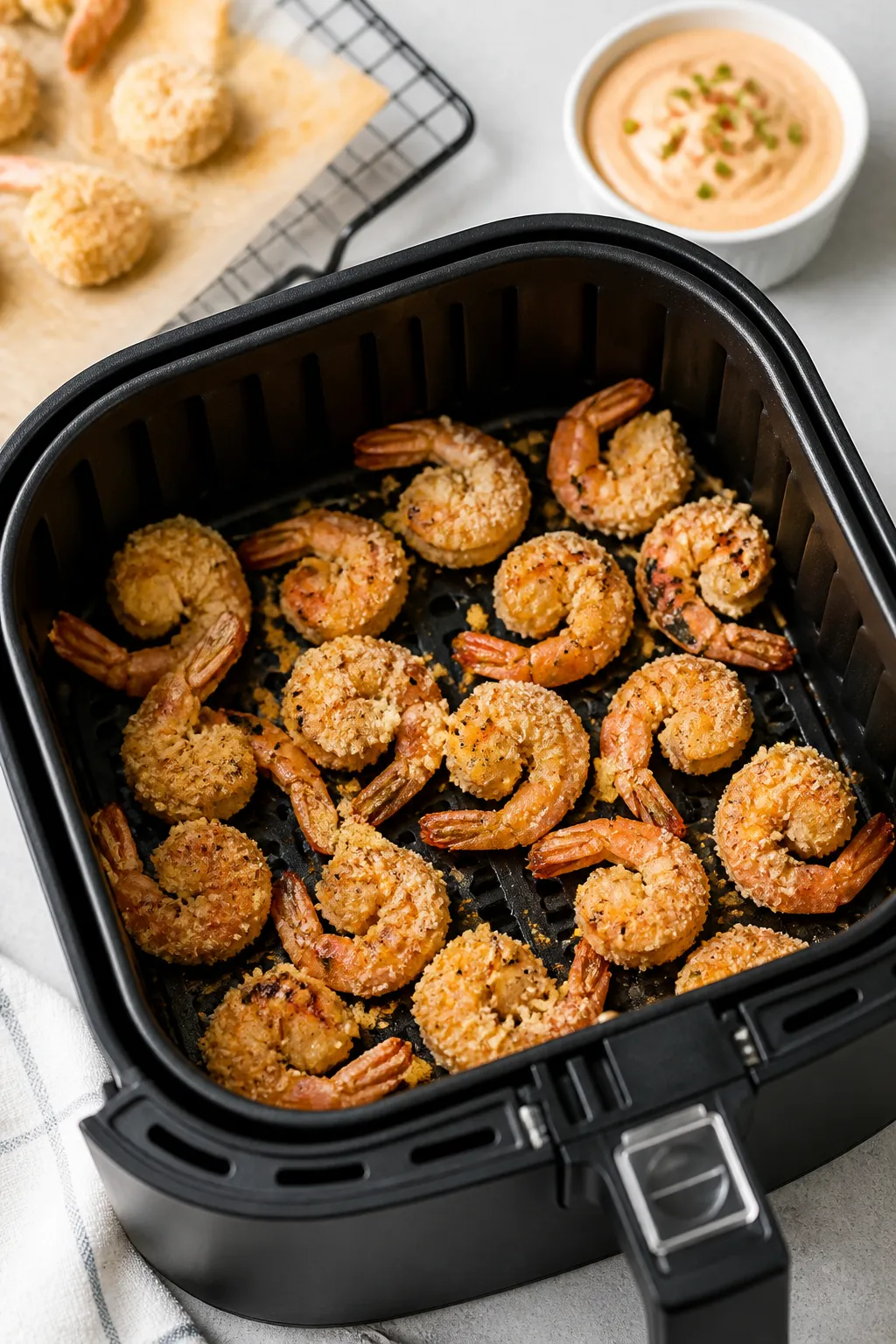 Cooking process: Air-fryer method in action—single layer of coated shrimp in a matte-black air-fry
