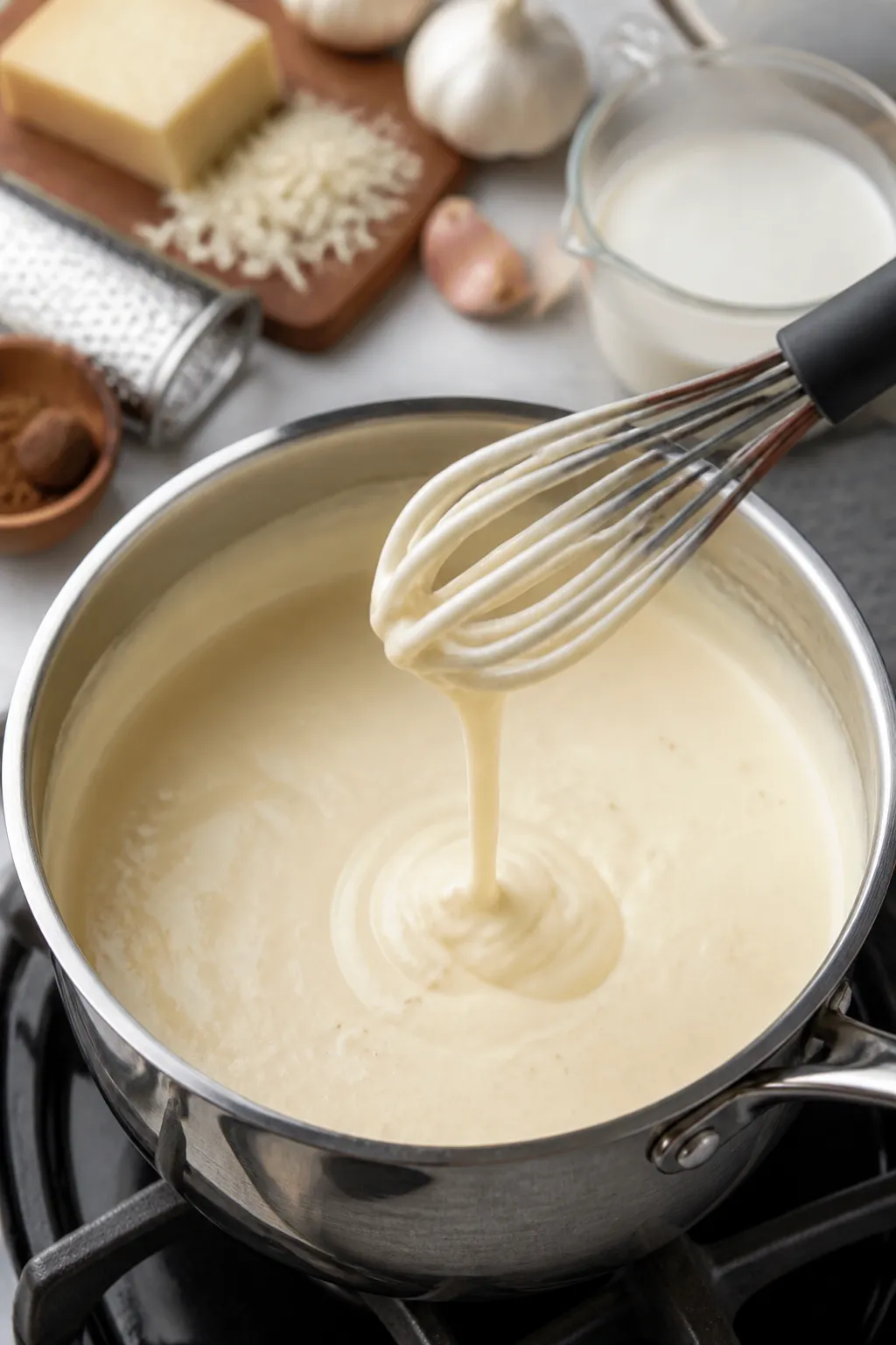 Cooking process: Alfredo sauce being whisked to a silky, velvety consistency in a saucepan—cream t