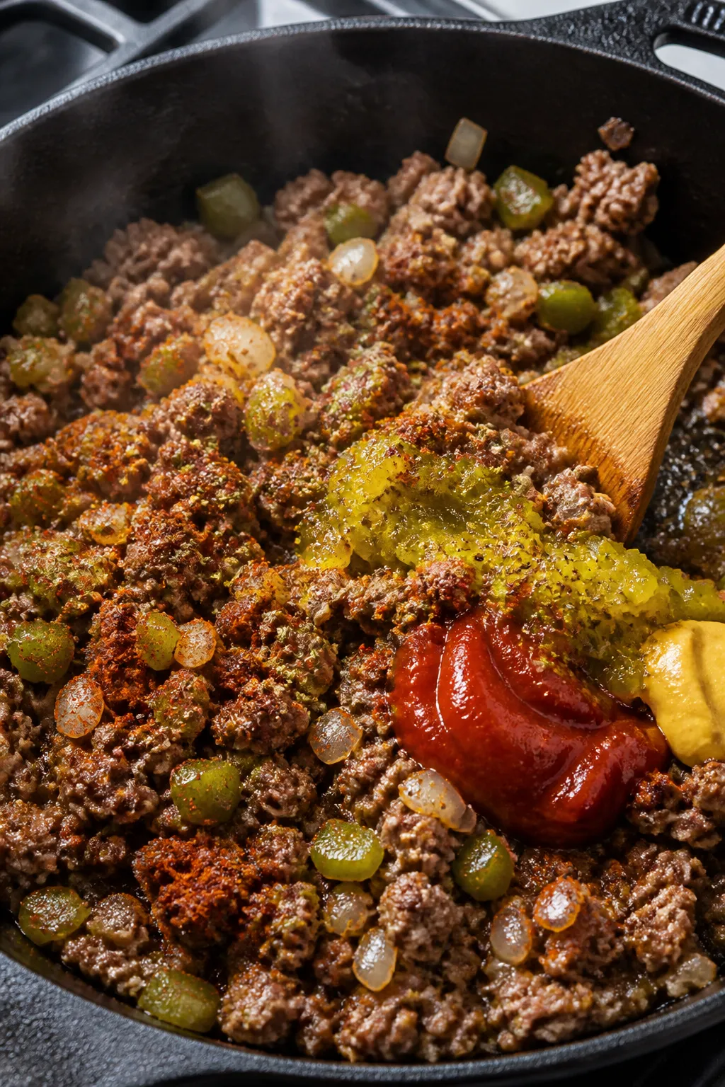 Cooking process — browning the beef: Close-up of sizzling browned ground beef with diced onions an