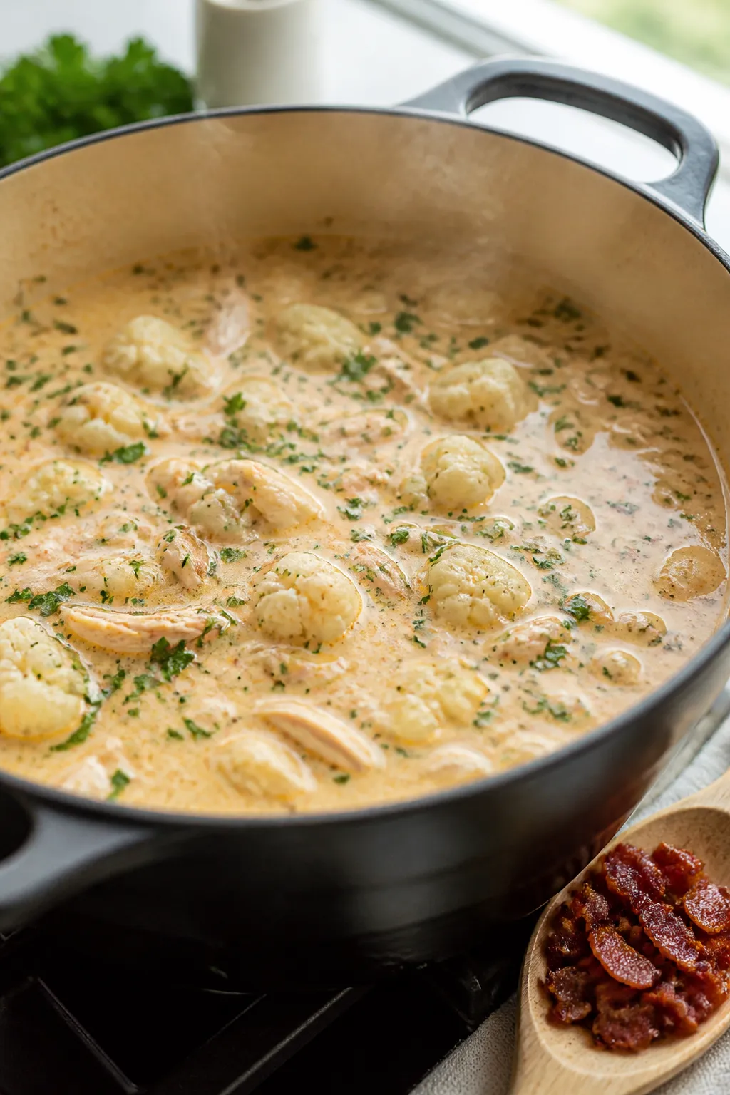 Cooking process close-up: A Dutch oven on the stovetop with the soup at a gentle simmer after the cr