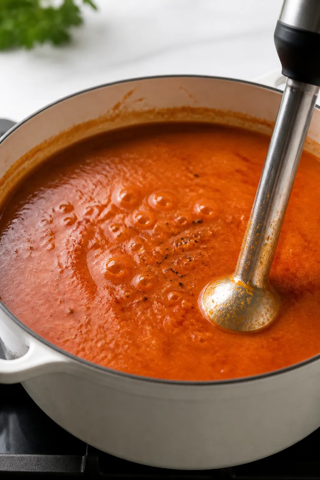 Cooking process close-up: A large enamel pot on the stovetop with simmering keto tomato soup mid-coo