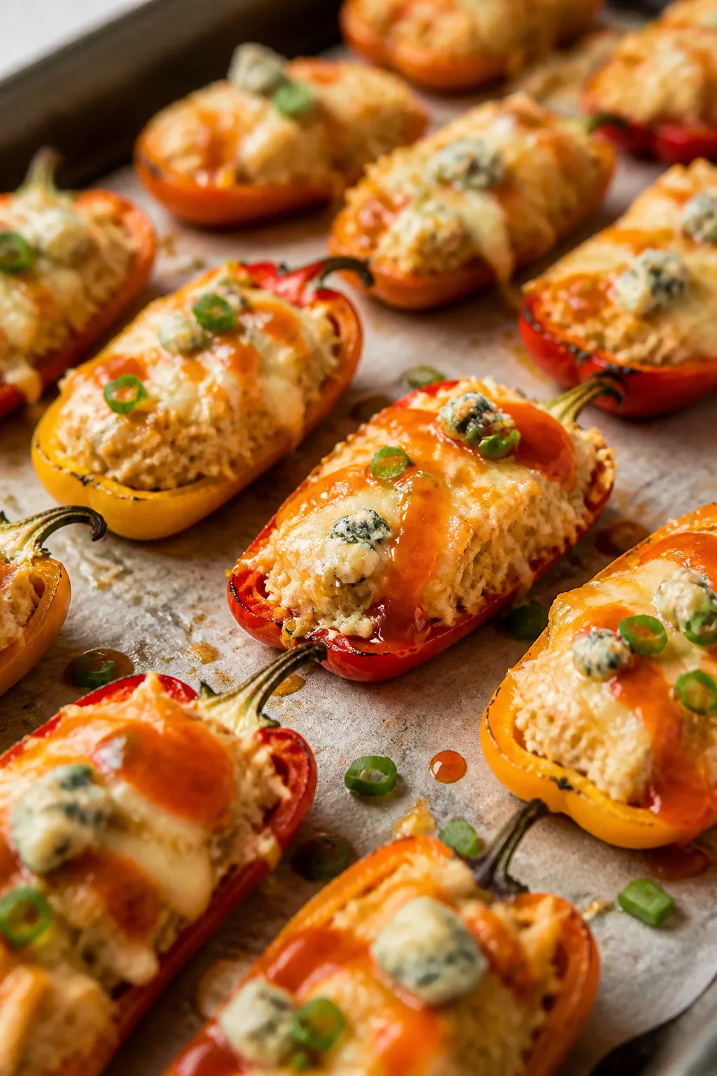 Cooking process close-up: A parchment-lined baking sheet of mini sweet peppers just out of the oven,