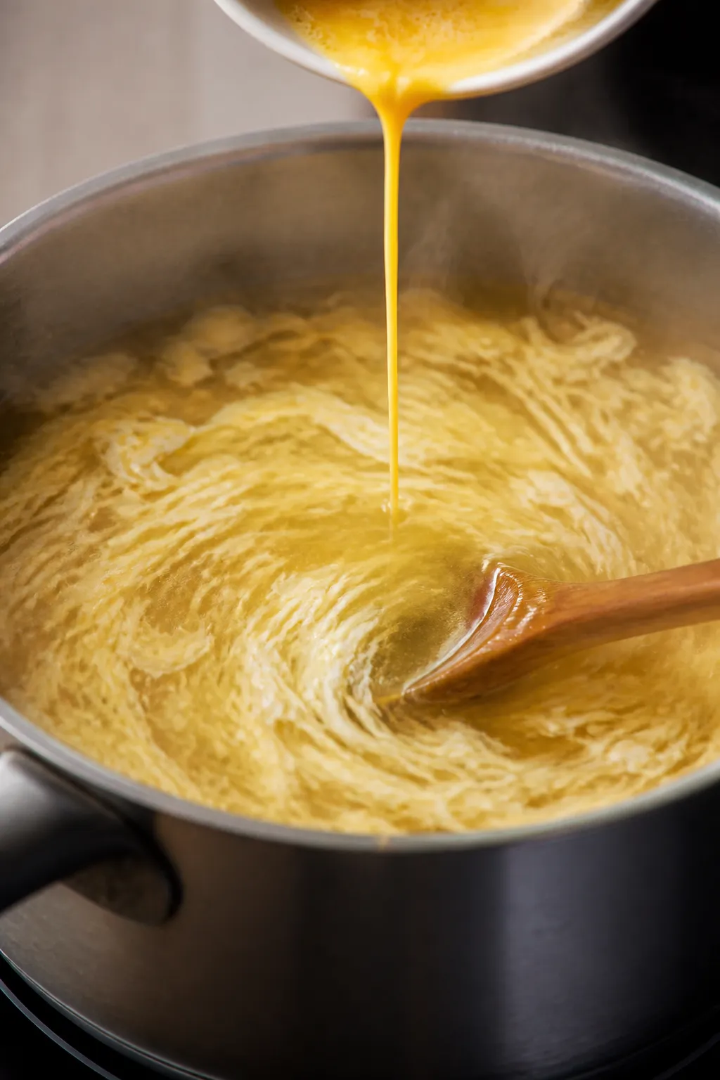 Cooking process close-up: A saucepan of simmering chicken broth infused with grated ginger and mince