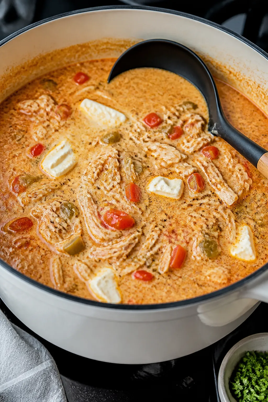 Cooking process close-up: A steaming pot of Keto Chicken Enchilada Soup at the “make it creamy” 