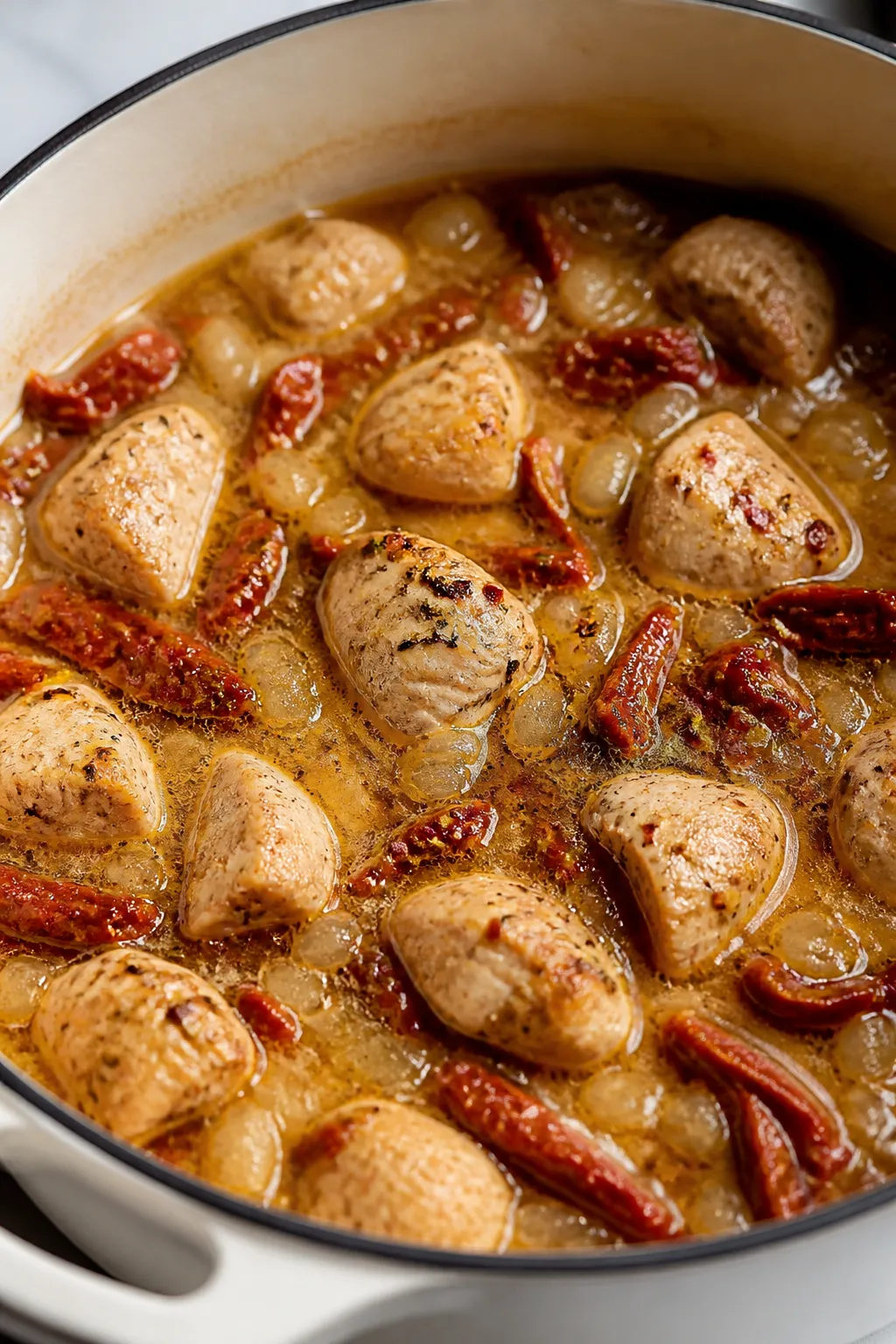 Cooking process close-up: Bite-size chicken pieces and sun-dried tomatoes simmering in a Dutch oven