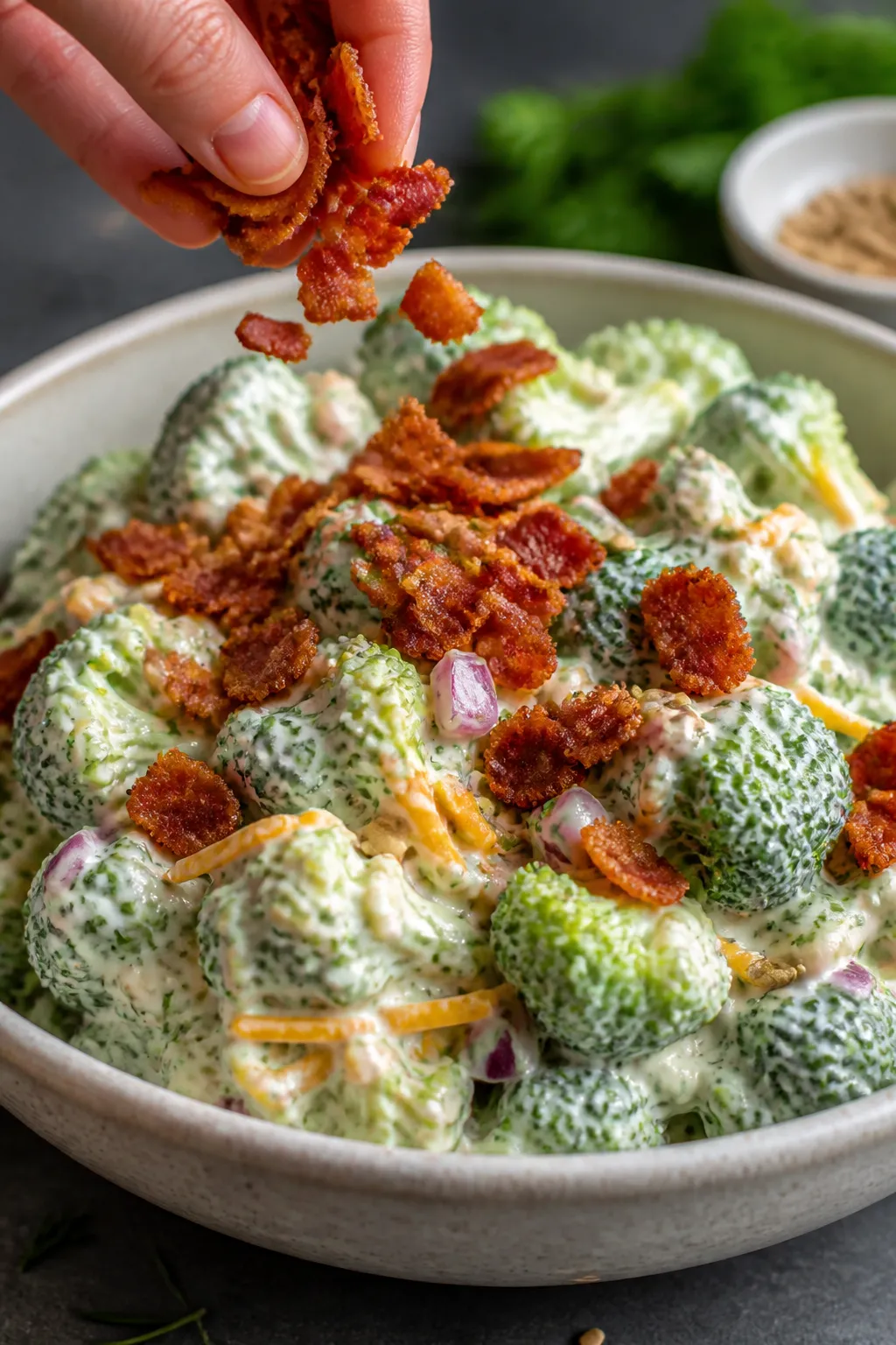 Cooking process close-up: Crispy bacon being crumbled over a large bowl of prepared broccoli salad a