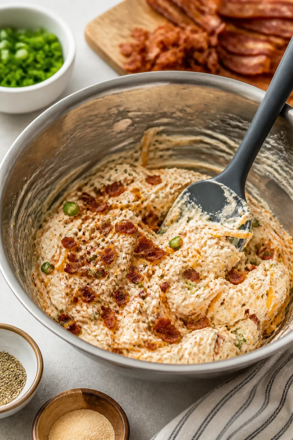 Cooking process close-up: Crispy oven-baked bacon being finely chopped and folded into a creamy chee