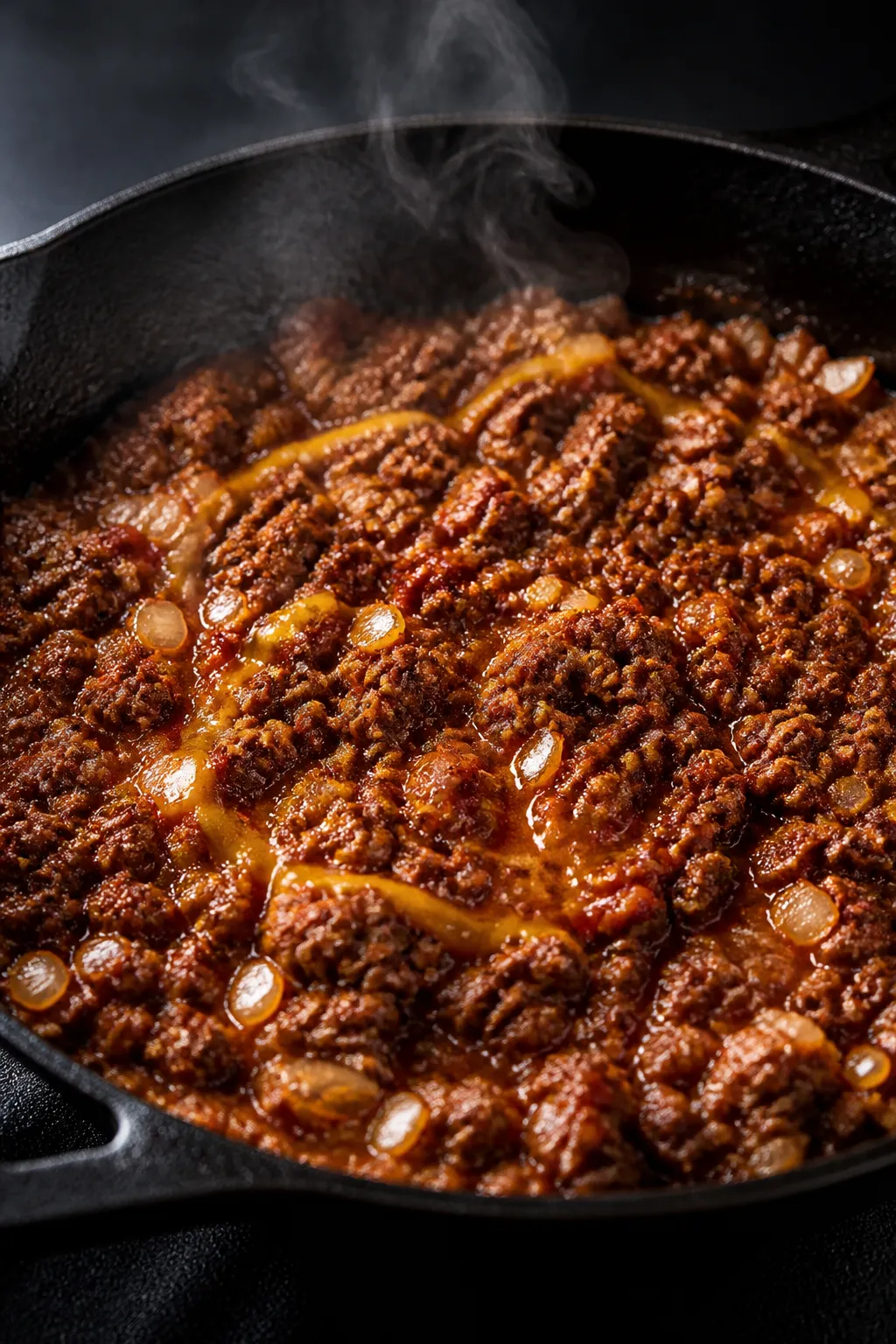Cooking process close-up: Crumbled bacon cheeseburger filling sizzling in a cast-iron skillet, showi