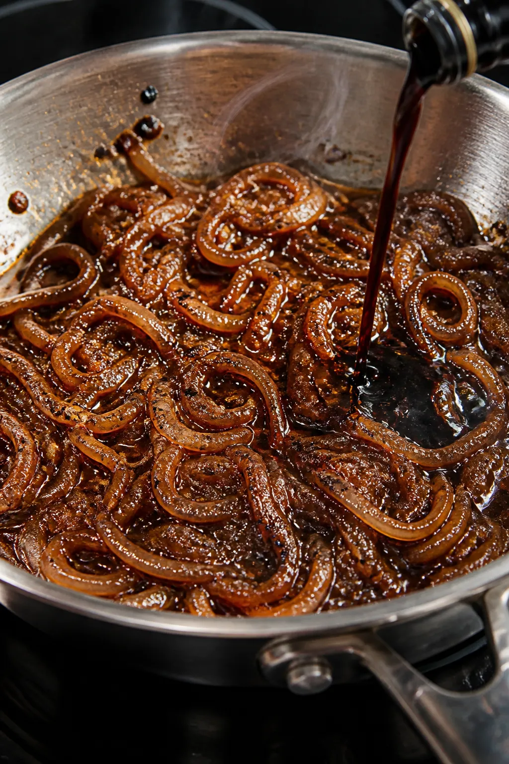 Cooking process close-up: Deep golden-brown, jammy caramelized onions in a wide stainless-steel skil