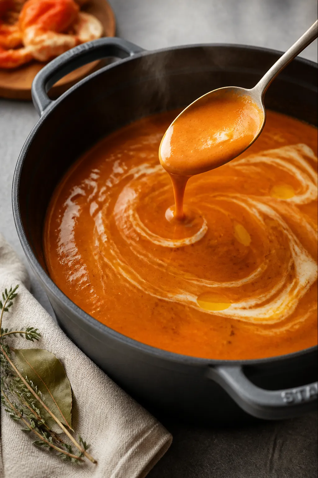 Cooking process, close-up detail: A deep, glossy lobster bisque base simmering in a matte black Dutc