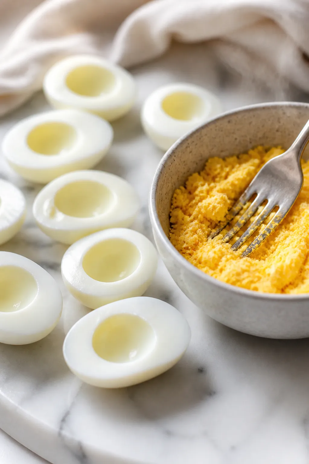 Cooking process, close-up detail: Halved hard-boiled eggs just peeled and sliced lengthwise on a coo
