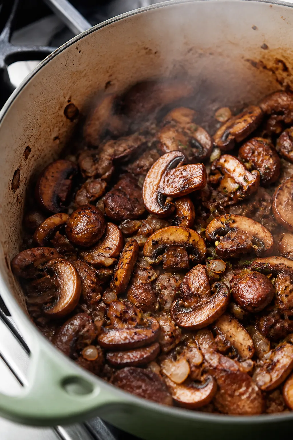 Cooking process, close-up detail: Sautéed cremini and baby bella mushrooms browning in a heavy pot