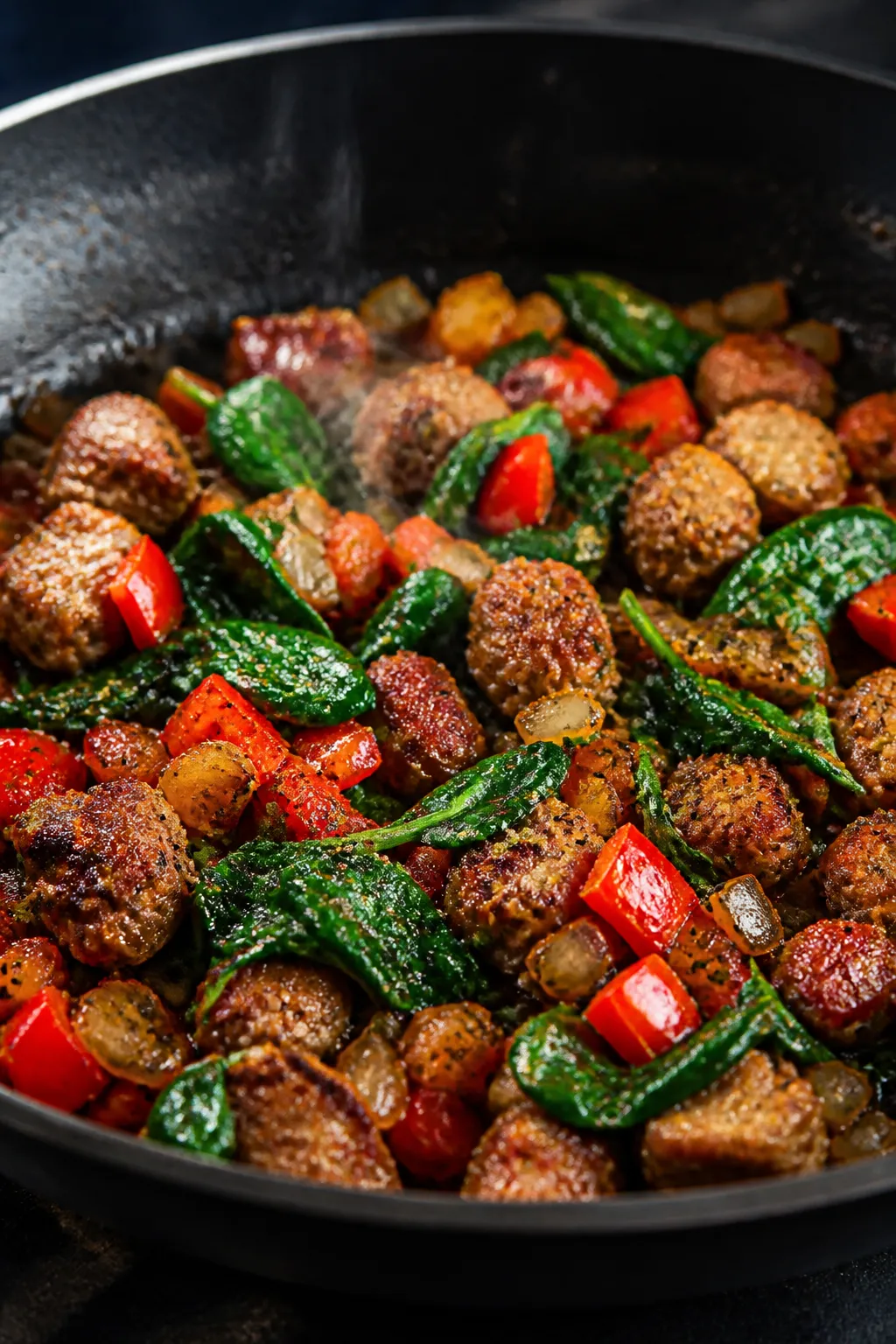 Cooking process close-up: Golden-browned breakfast sausage and sautéed diced red bell pepper and on