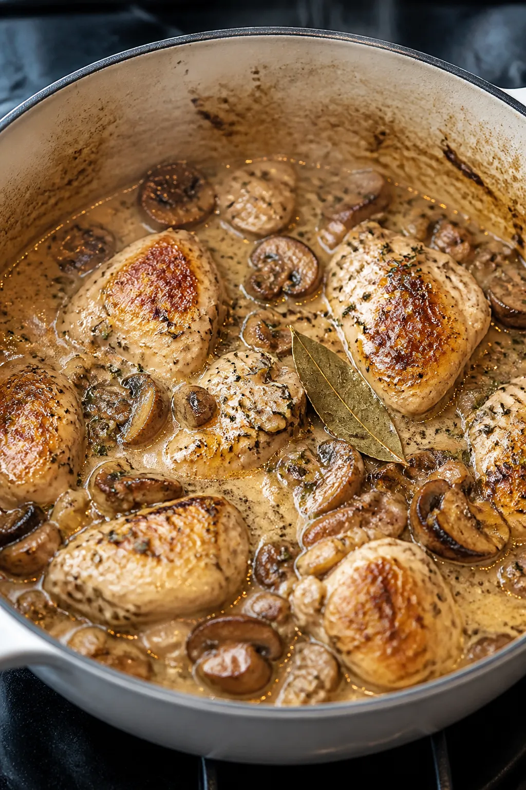 Cooking process, close-up: Golden-browned cremini mushrooms and seared chicken pieces simmering in a