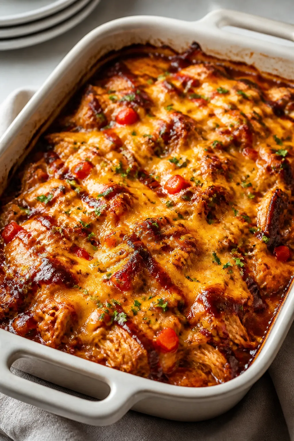 Cooking process, close-up: Golden, bubbling keto BBQ chicken casserole just pulled from the oven in 