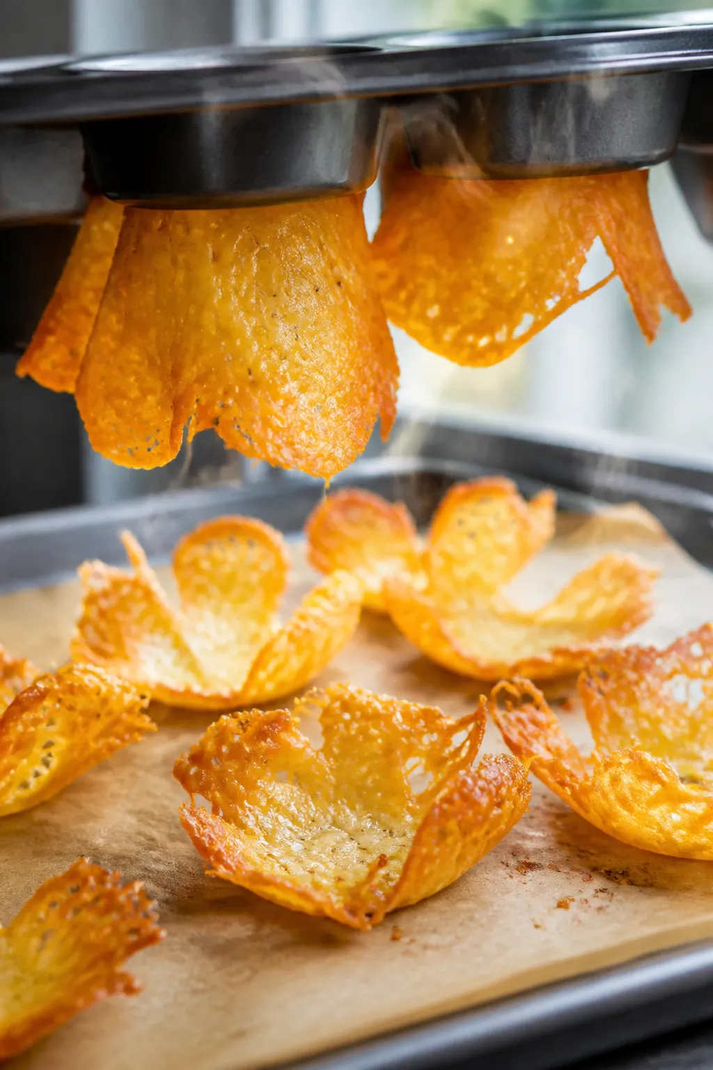 Cooking process close-up: Golden, lacy cheese rounds just pulled from the oven, edges bubbling and t