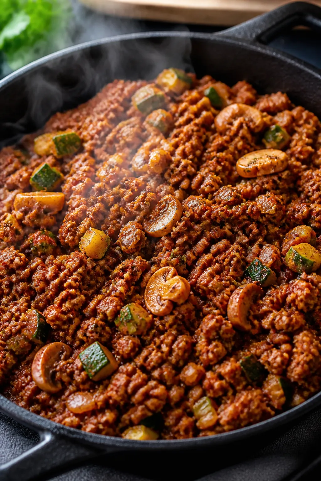 Cooking process close-up: Ground beef casserole mixture sizzling in a cast-iron skillet after season