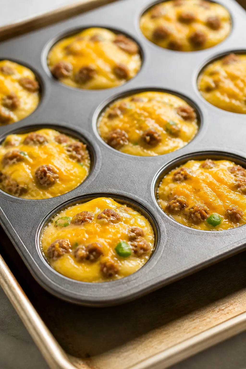 Cooking process close-up: Mini muffin tin filled 3/4 full with the Keto Sausage Egg and Cheese Bite