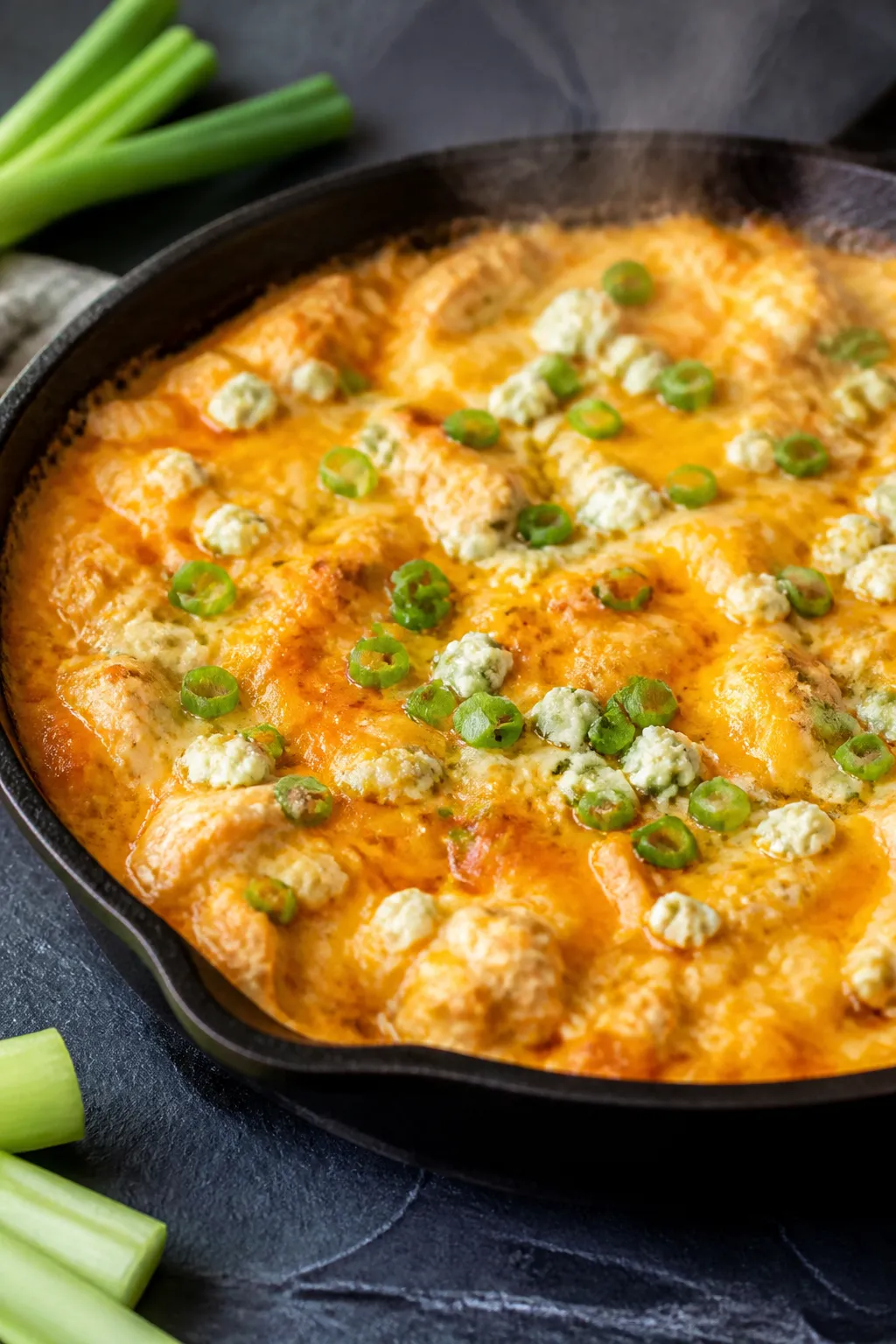 Cooking process — Close-up of bubbling Keto Buffalo Chicken Dip in an oven-safe skillet just pulle