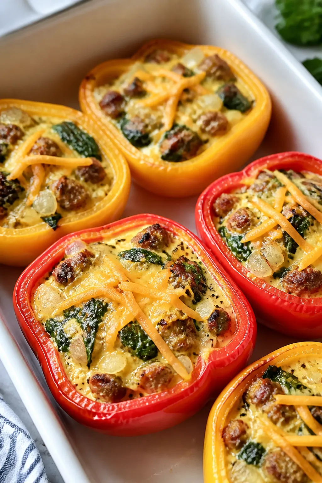 Cooking process close-up: Par-baked bell pepper halves in a white ceramic baking dish being filled w