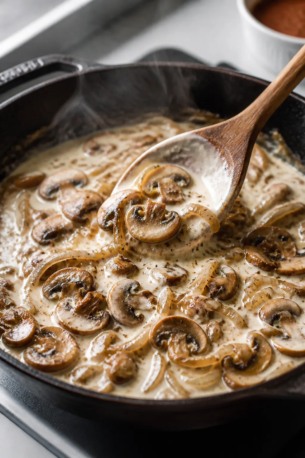Cooking process close-up: Sautéed mushrooms and caramelized onions in a skillet as the creamy sauce