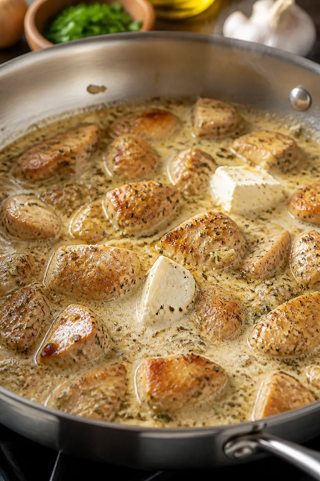 Cooking process close-up: Searing bite-size chicken pieces in a stainless skillet until lightly brow
