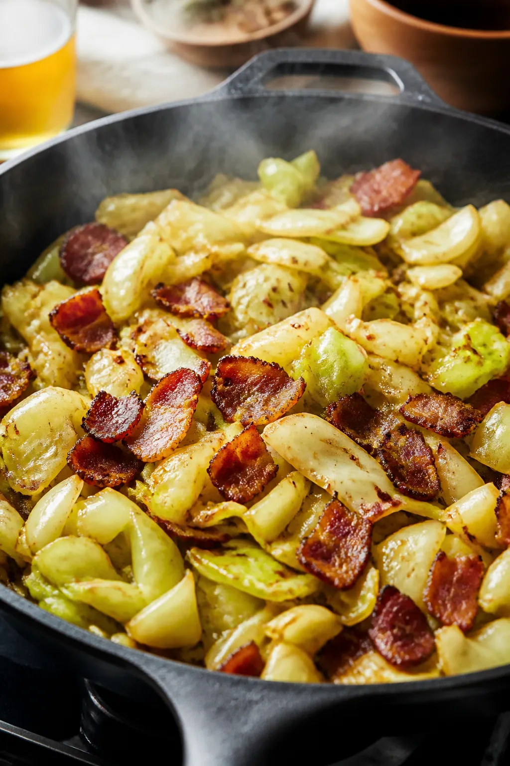 Cooking process, close-up: Sizzling bacon fried cabbage in a large cast-iron skillet, mid-cook stage