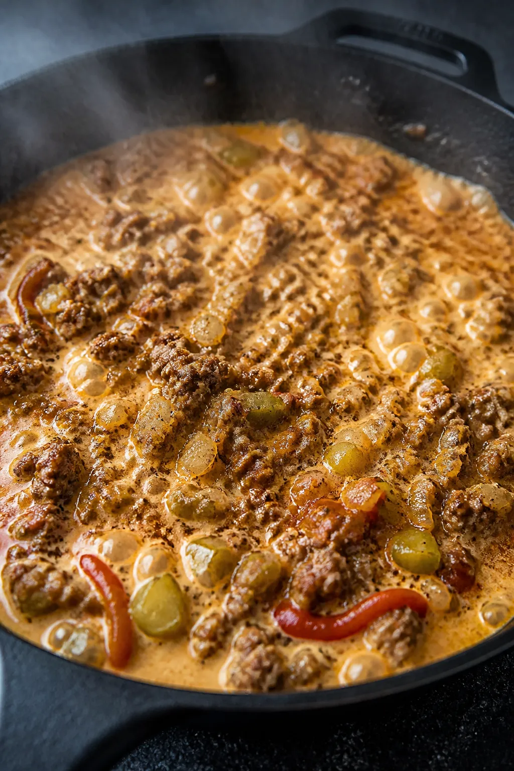 Cooking process close-up: Sizzling browned 80/20 ground beef in a cast-iron skillet with softened on