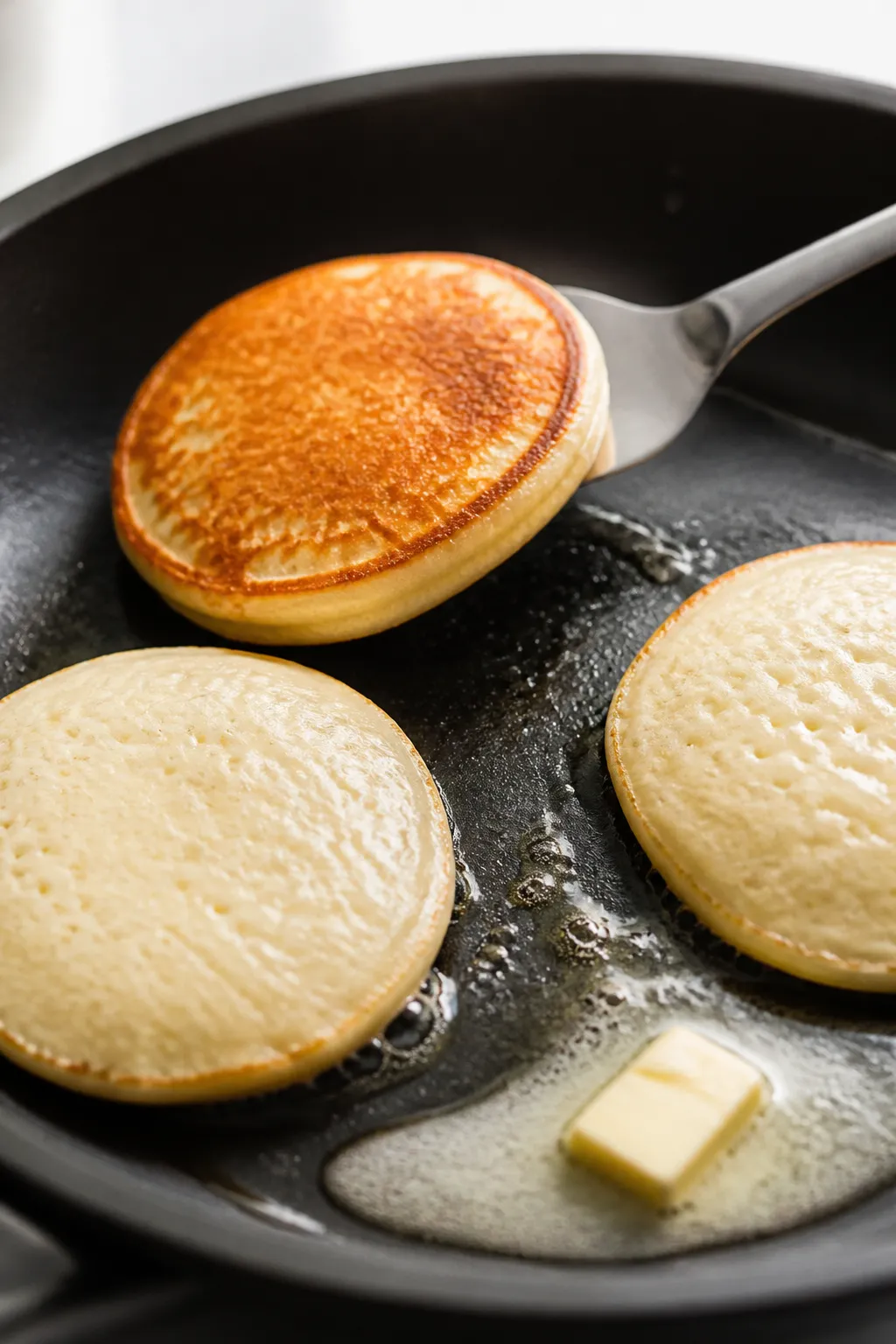 Cooking process close-up: Small keto cream cheese pancakes cooking “low and slow” on a buttered 