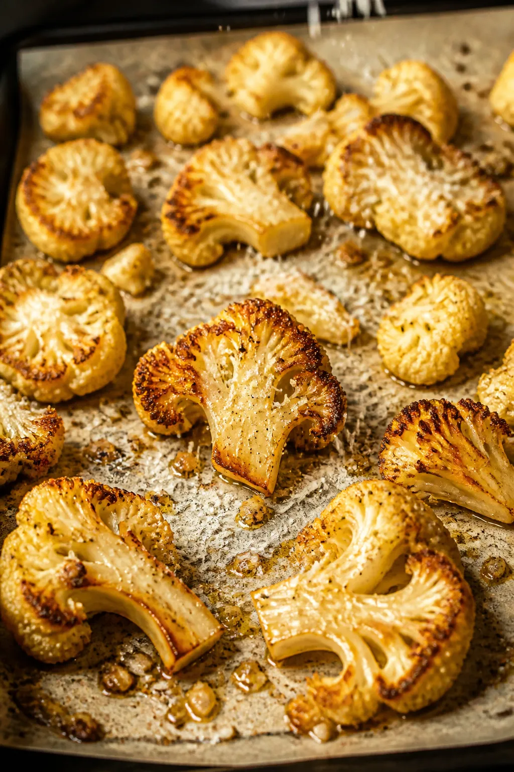 Cooking process: Keto garlic-Parmesan cauliflower mid-roast being flipped on a parchment-lined bakin