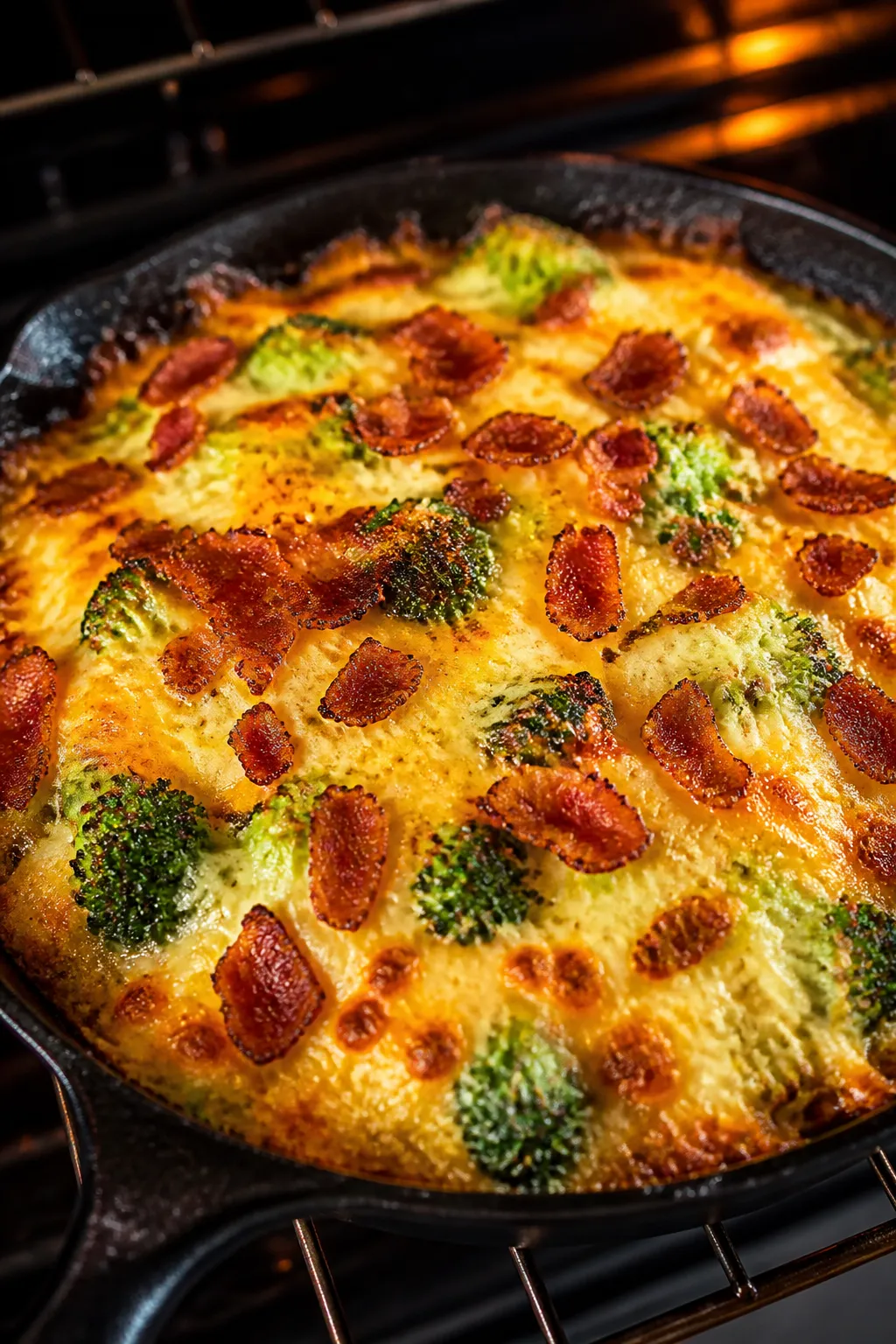 Cooking process: Keto Loaded Broccoli under the broiler, top layer bubbling and lightly browned with