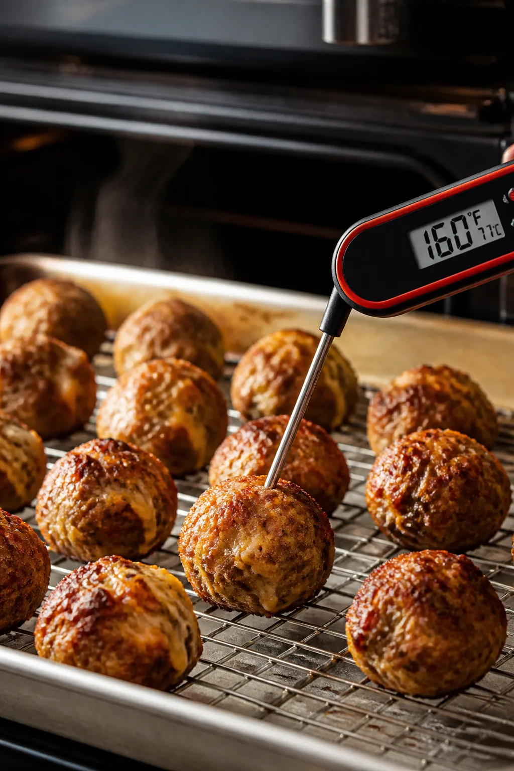 Cooking process: Keto sausage balls arranged on a wire rack set over a sheet pan mid-bake, beautiful