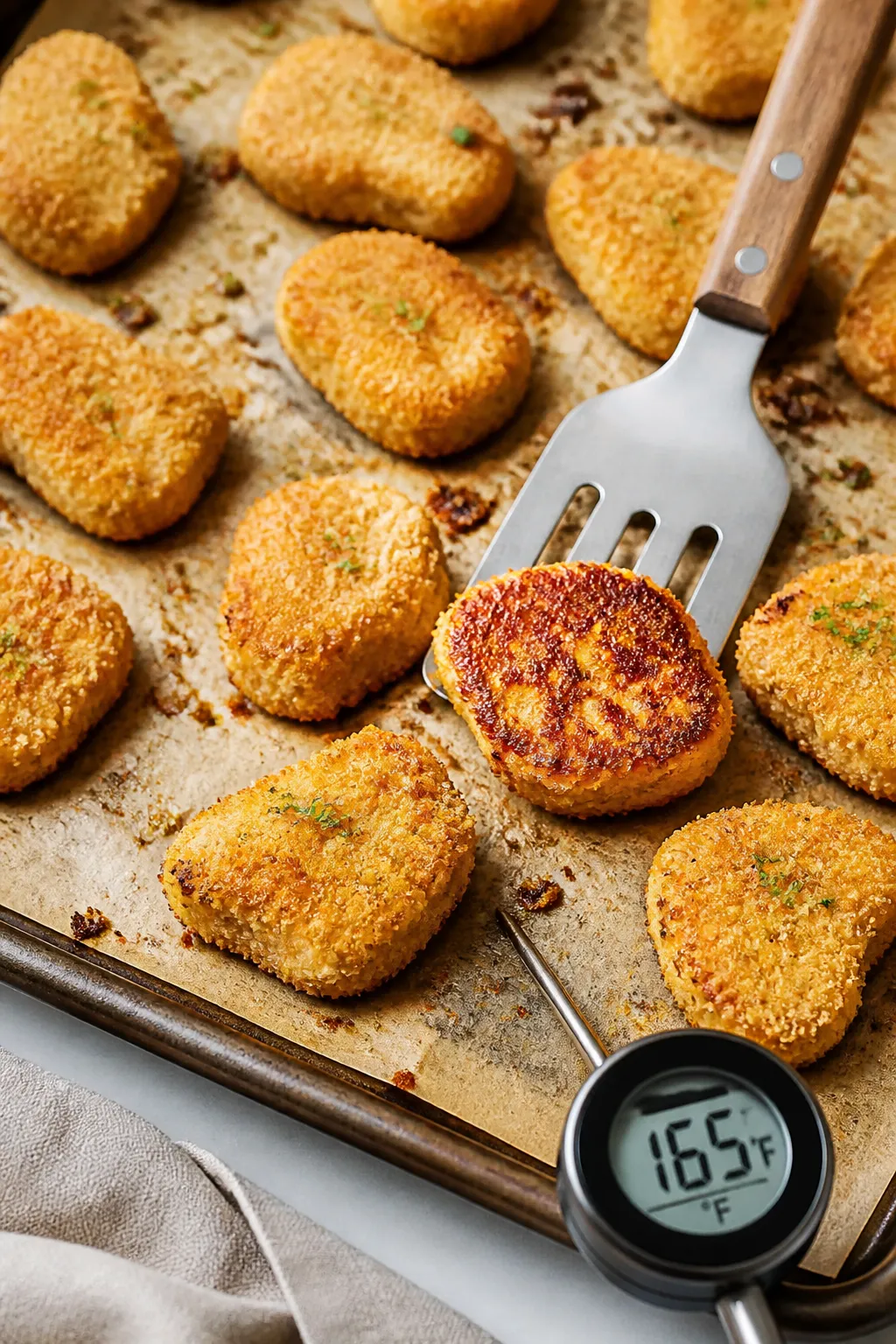 Cooking process: Nuggets arranged spaced apart on a parchment-lined baking sheet at 425°F, mid-bake